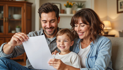 Family sharing joyful moment while reading a document at home