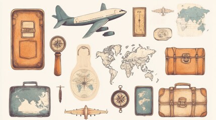 Creative travel stickers featuring maps, luggage, and airplanes with a vintage design aesthetic. Generative AI