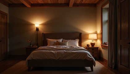 Cozy bedroom with soft lighting and wooden accents