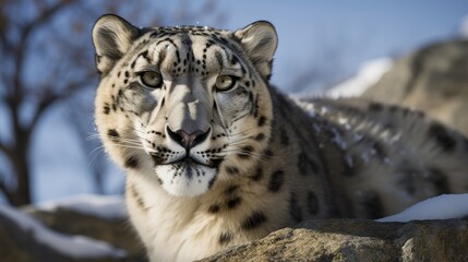 Obraz premium Majestic snow leopard resting on rocks in a snowy mountainous landscape during the winter morning light