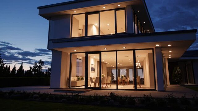 Slow Motion Shot of a Modern House in the Evening &ndash; Warm Interior Lights Glowing Through Large Glass Windows, Sleek Architectural Design, Soft Twilight Sky in the Background, Serene and Luxurious 
