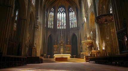 Obraz premium Sunlit Gothic Cathedral Interior Architecture And Stained Glass