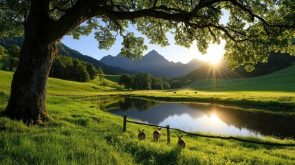 Peaceful sunrise over valley with deers by pond