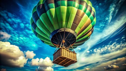 Obraz premium Vintage Hot Air Balloon Ride: Black & Green Balloon Ascending in a Blue Sky