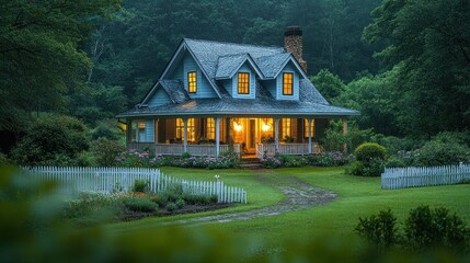 Charming home at dusk, surrounded by gardens, glowing porch