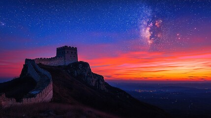 Fototapeta premium Majestic Great Wall Sunset Under Starry Night Sky