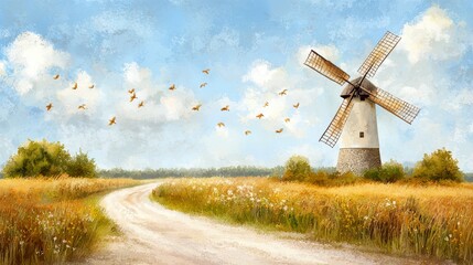 Tranquil countryside scene with a traditional windmill, soft clouds, vibrant fields, and flying birds under blue sky