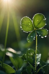 A close-up of a clover leaf adorned with raindrops, illuminated by sunlight.
