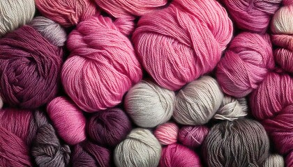 Soft pink and gray yarn balls arranged in a colorful display on a craft table