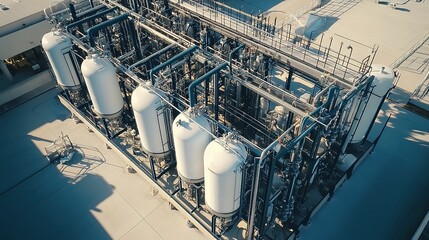 Industrial Rooftop Processing Plant With Large White Tanks