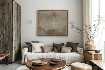 Minimalist, contemporary Scandinavian interior design of the living room with wall and sofa hanging with art frames. Generative AI
