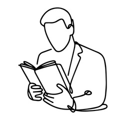 Line drawing of man reading book on white background