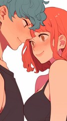 Cute anime-style couple, girl with ginger hair and brown eyes wearing black tank top, boy with short curly blue hair, smiling at each other, in a joyful and loving pose.