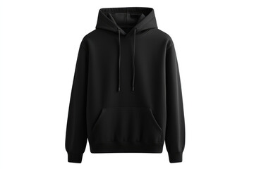 Stylish black hoodie with front pocket and adjustable drawstrings a white background
