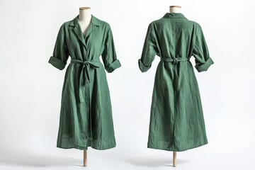 Stylish green linen dress on a mannequin in studio setting