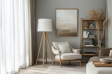 A modern minimalist interior design of a living room with walls and armchairs that hang art frames. Generative AI
