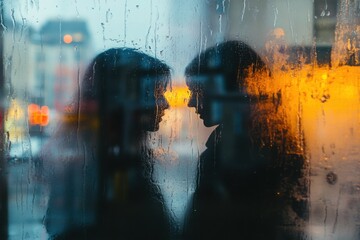 Two people facing each other, their silhouettes visible through the rain-soaked window behind them. The city lights outside create an ethereal glow on their faces as they share a tender moment.
