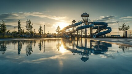 Sunset Water Park Slides Reflecting In Pool