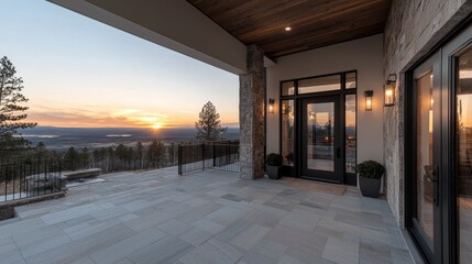Obraz premium Mountain sunset view from modern home patio
