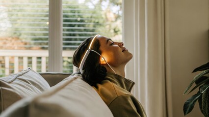 A person in a quiet room head slightly tilted with a subtle glow from a neural interface device illuminating their face as they meditate to influence brainwave synchronization.