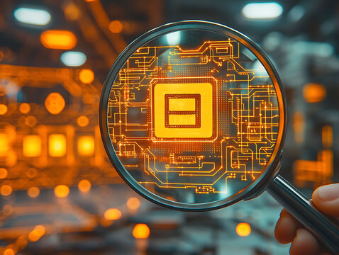 Magnifying glass reveals intricate glowing circuitry, highlighting a central processor.  Cyberpunk style image perfect for technology, innovation, AI, or data processing concepts.