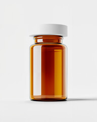 Clear glass bottle containing amber liquid with a white screw-on lid displayed on a light background while casting a subtle shadow