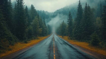 Naklejka premium Misty mountain road through wet forest