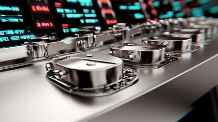Close-up view of metallic knobs on a control panel with glowing digital displays in background