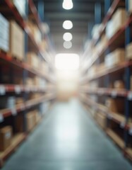 Obraz premium A spacious warehouse features long aisles lined with tall shelves filled with various packages. Bright overhead lights illuminate the area, creating a soft, translucent ambiance. Generative AI