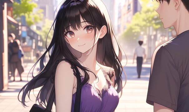 Cute girl with long black hair and brown eyes wearing a purple dress, smiling at her boyfriend with short dark brown hair in a gray shirt, walking down the street, anime style.