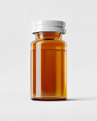 Clear glass bottle filled with amber liquid on a plain background in bright lighting