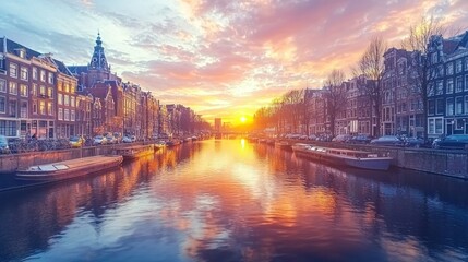 Obraz premium Amsterdam Canal Sunset Cityscape