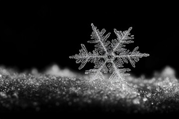Intricate snowflake resting on soft, shimmering surface captured in perfect detail against a dark background