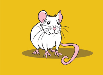 Smiling white lab rat standing on gray surface