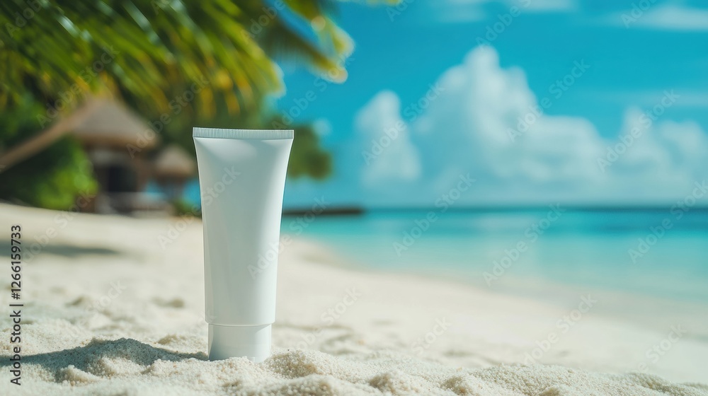 Poster cosmetics cream tube resting on sandy beach with clear ocean water and clouds in the background duri