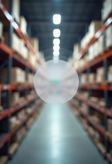Obraz premium A spacious warehouse features long aisles lined with tall shelves filled with various packages. Bright overhead lights illuminate the area, creating a soft, translucent ambiance. Generative AI