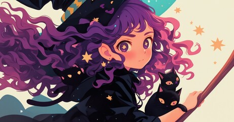 Obraz premium Cute witch girl with curly hair flying on broomstick, wearing black dress and hat, with purple accents, holding two small cats, stars and moon in the background