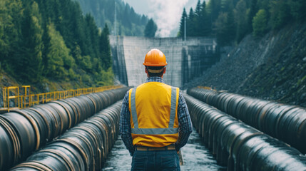 Engineer inspecting large pipes near dam in mountainous area. scene conveys sense of diligence and focus on infrastructure