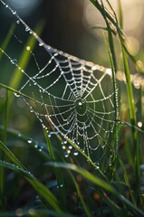 A close-up of a dew-covered spider web glistening in morning light amidst grass.