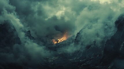 Fototapeta premium Dramatic mountainscape pierced by a fiery glow amidst swirling clouds