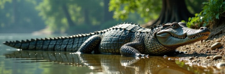 Fototapeta premium Colossal crocodile lying on riverbank with its long tail stretching into the water, riverbank, reptile, aquatic life