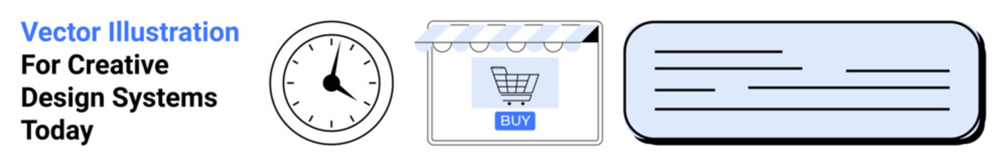 Clock, shopping cart under awning, and text box. Ideal for e-commerce, time management, shopping, scheduling, communication retail and digital marketing. Perfect for flat landing page banner