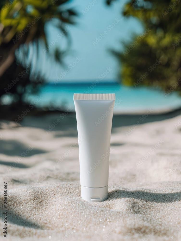 Poster cosmetics cream tube stands on soft sand with serene beach and clear blue ocean in the background du