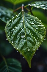 A close-up of a green leaf adorned with water droplets after rain.