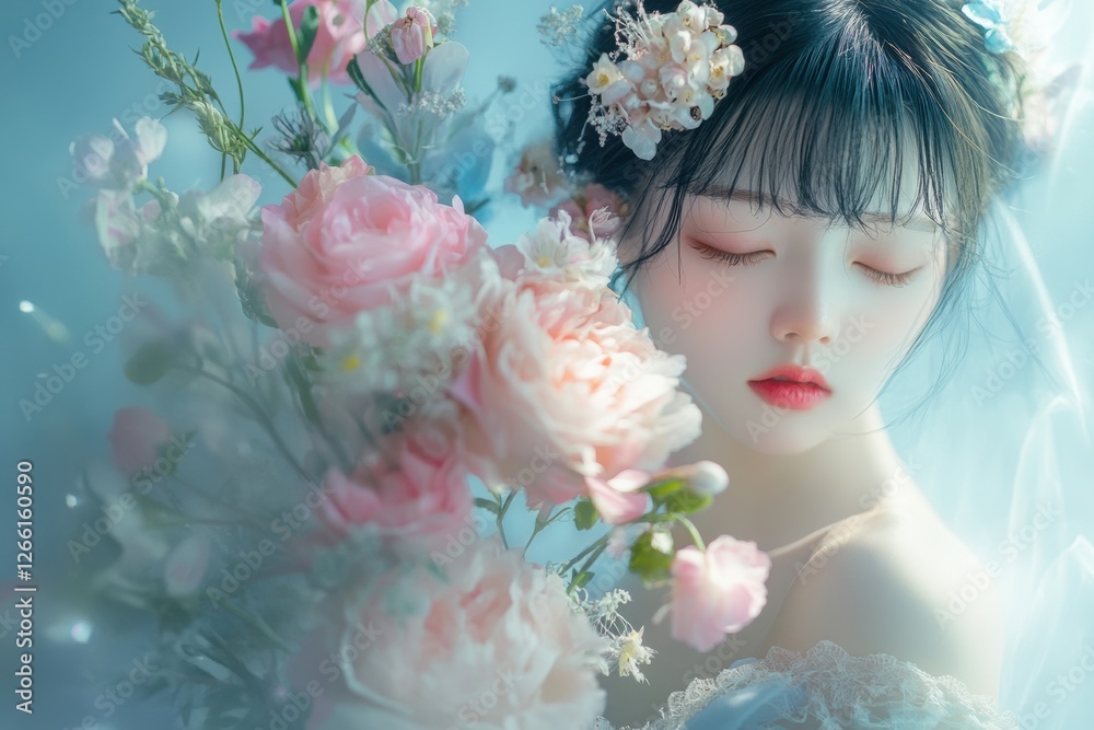 Poster beautiful young woman surrounded by pastel flowers in dreamy setting with soft light and delicate ex