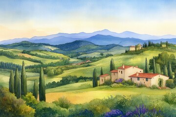 Naklejka premium Scenic countryside landscape with rolling hills, villas, and cypress trees in a tranquil setting during golden hour