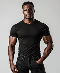 Fototapeta premium Muscular Black Man Posing In Black T Shirt And Jeans