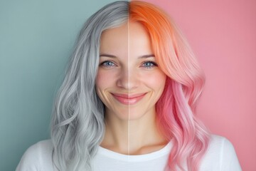 Fototapeta premium Transition from gray hair to vibrant dyed hair showcasing a colorful hair transformation. Generative AI