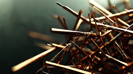 Close-up view of tangled metallic wires reflecting light, creating an abstract art piece