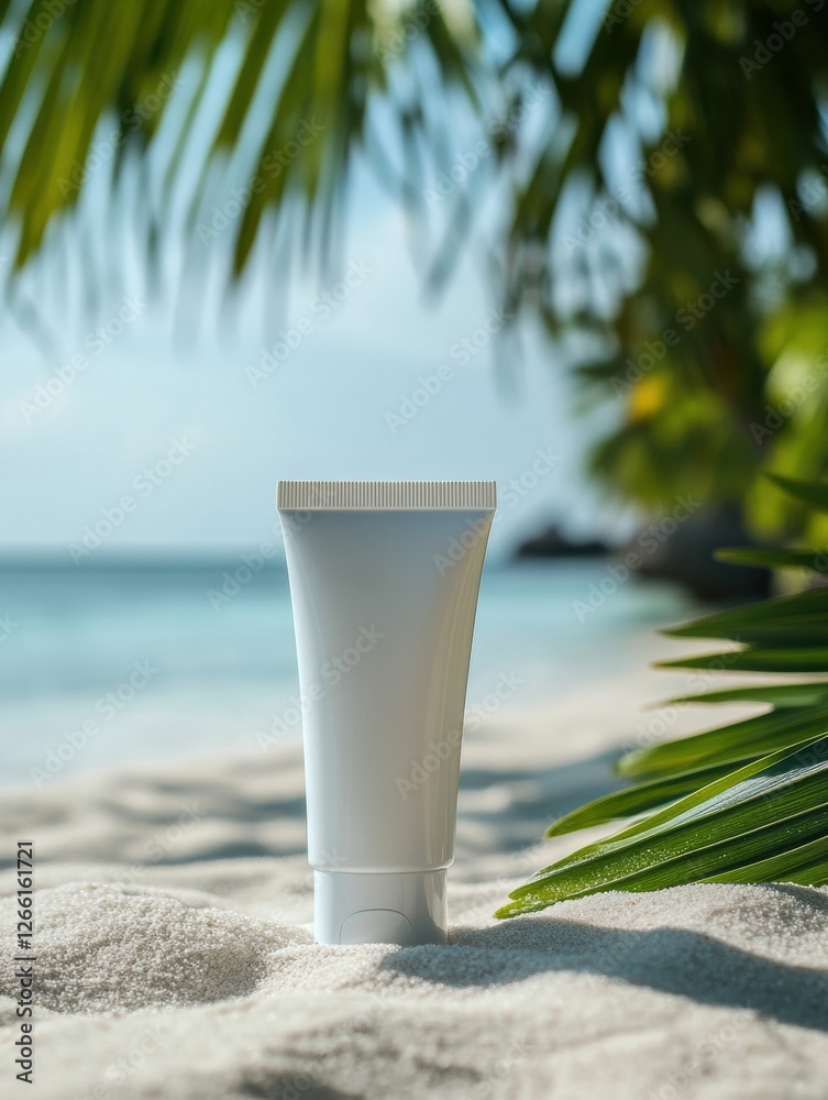 Aufkleber cosmetics cream tube on sandy beach with palm leaves and serene ocean backdrop during sunny day. gen